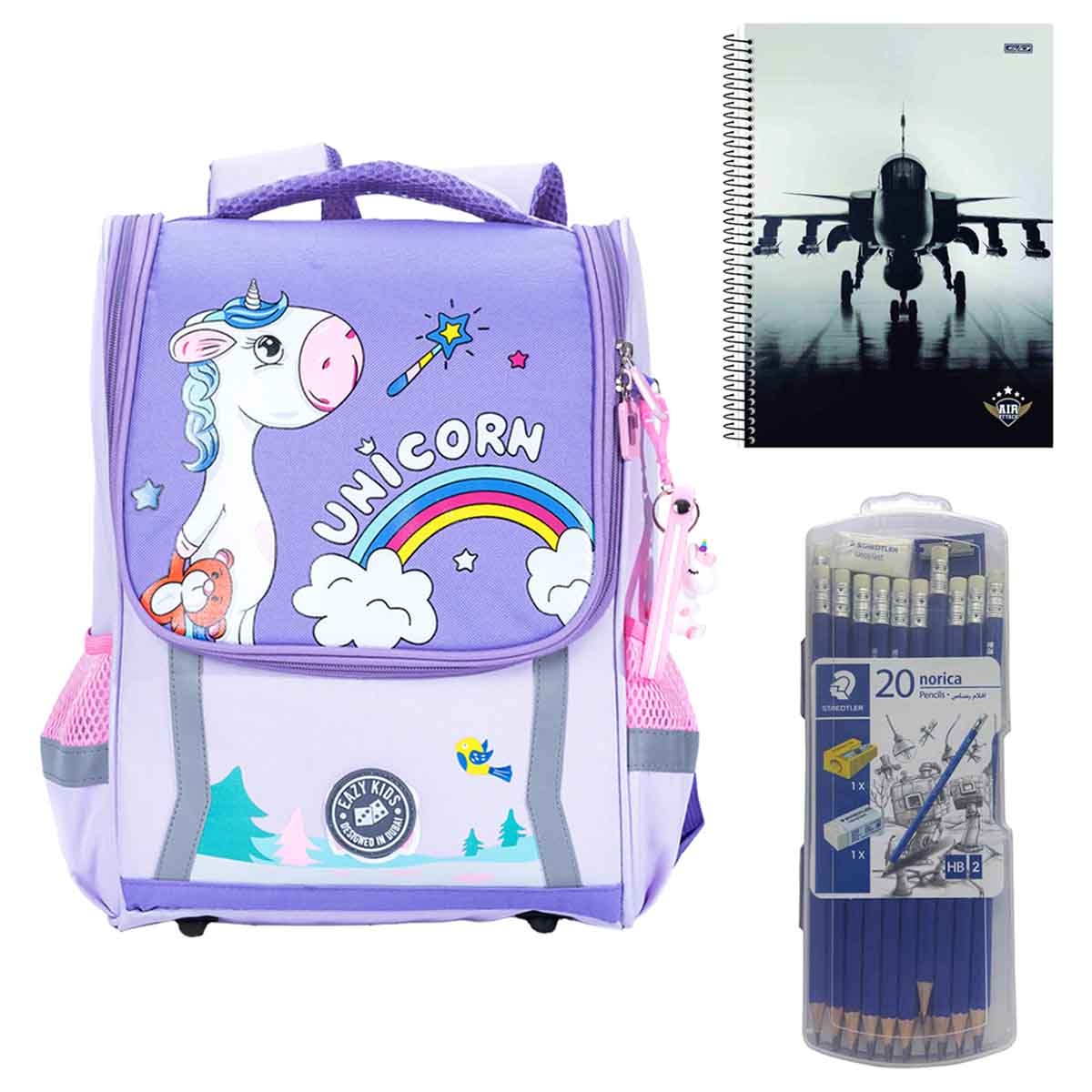 Eazy Kids Unicorn School Bag with SD Inovacoes Grafica Notebook & Staedtler Pencils Set Combo Pack