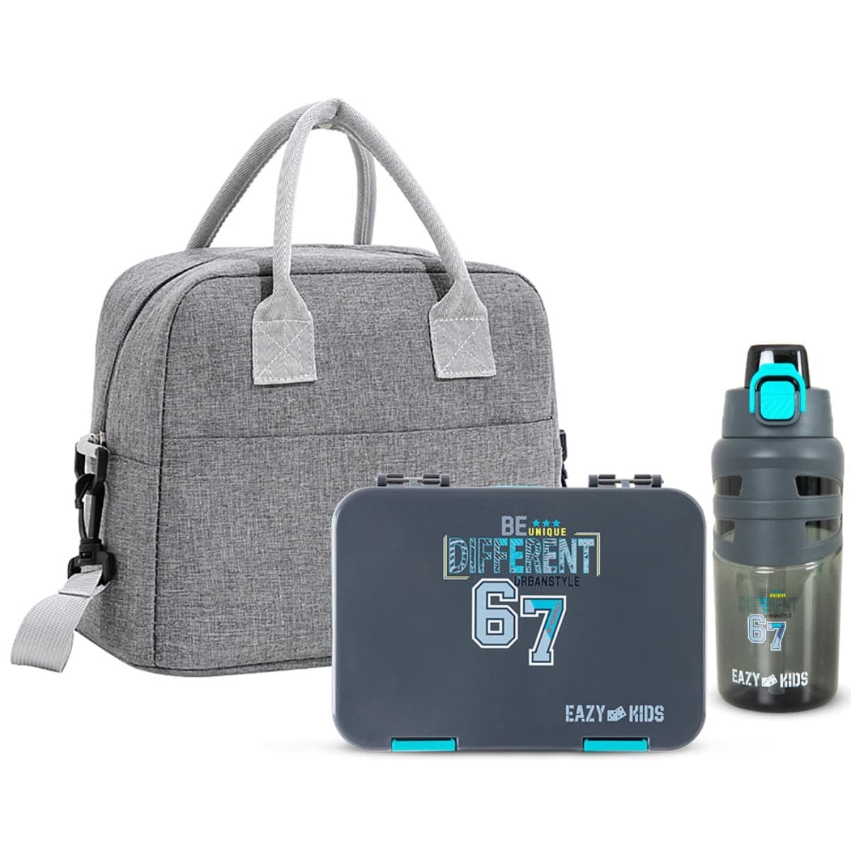 Eazy Kids Urban Grey 4-Compartment Bento Lunch Box & Insulated Lunch Bag with 750ml Water Bottle