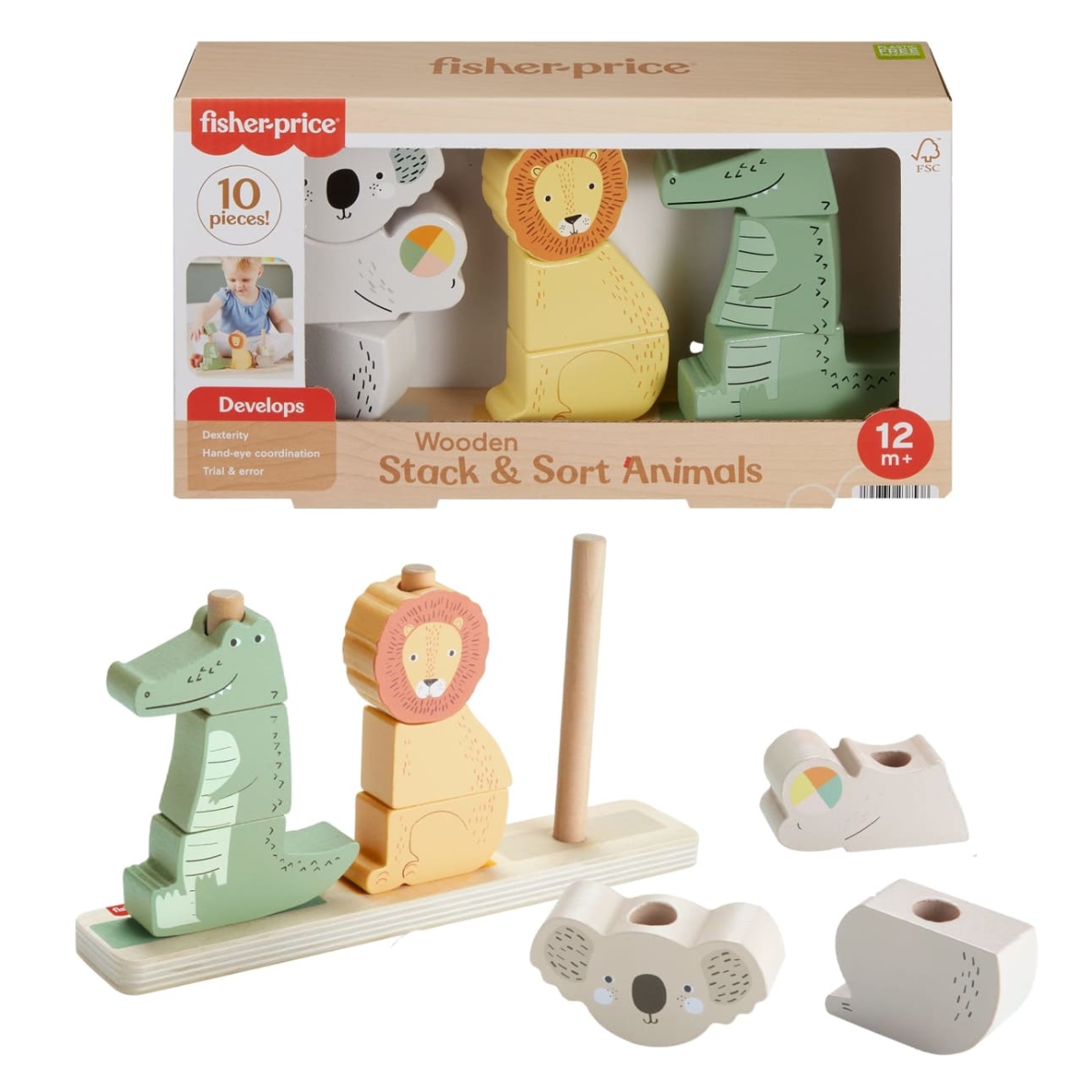 Fisher-Price Wooden Stack & Sort Animals Stacking Toy Toddler, 0-2 Years