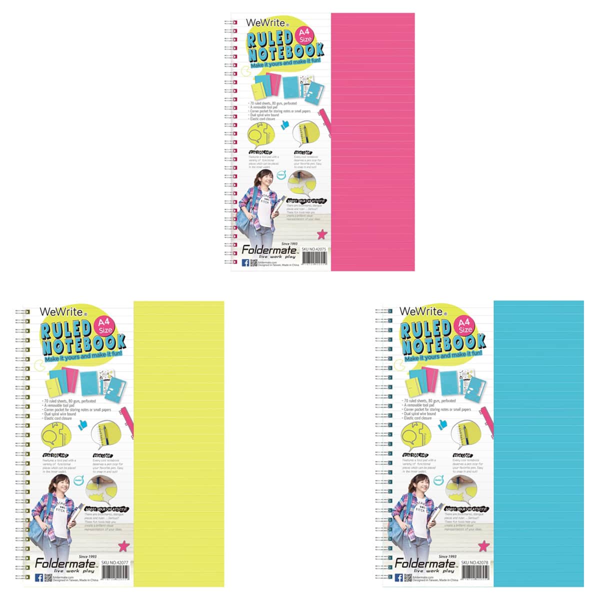 Foldermate A4 80GSM 70 Sheet WeWrite Regular Colour 1 Subject Assorted Spiral Notebook, Pack of 10