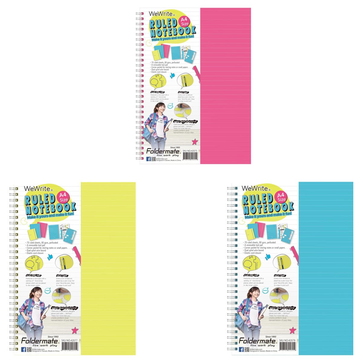 Foldermate A4 80GSM 70 Sheet WeWrite Regular Colour 1 Subject Assorted Spiral Notebook, Pack of 10