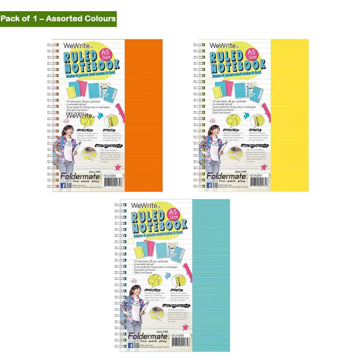 Foldermate A5 80GSM 150 Sheet WeWrite Pastel Colour 5 Subject Assorted Spiral Notebook