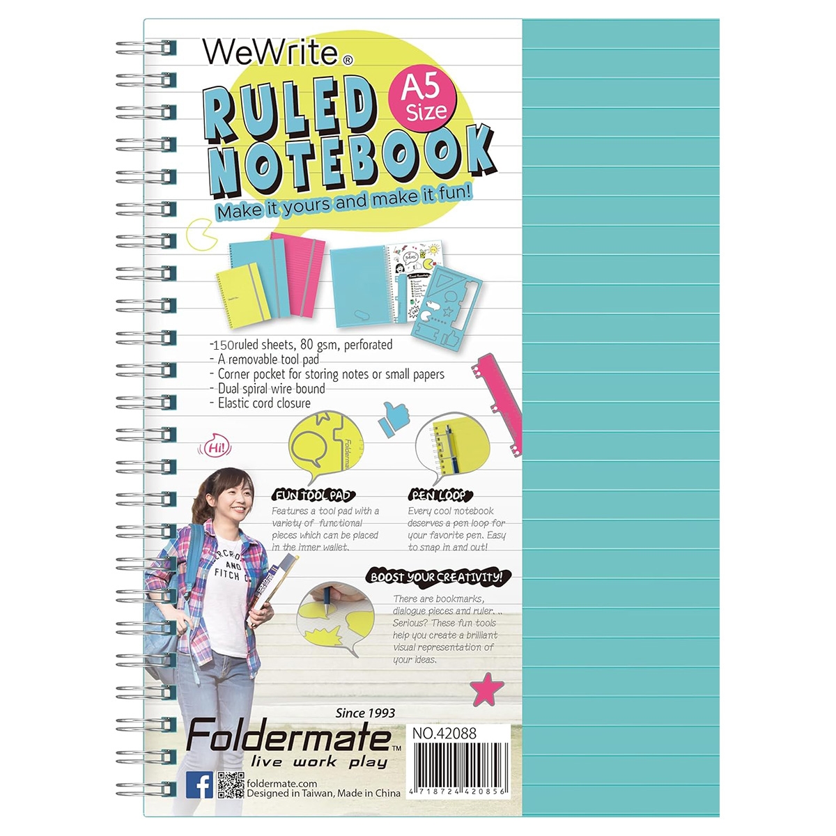 فوردورمايت دفتر بسلك حلزوني بحجم A5، 150 ورقة، وزن 80 غرام، تصميم وي رايت، لون باستيل، لخمس مواد، ألوان متنوعة، مجموعة من 10