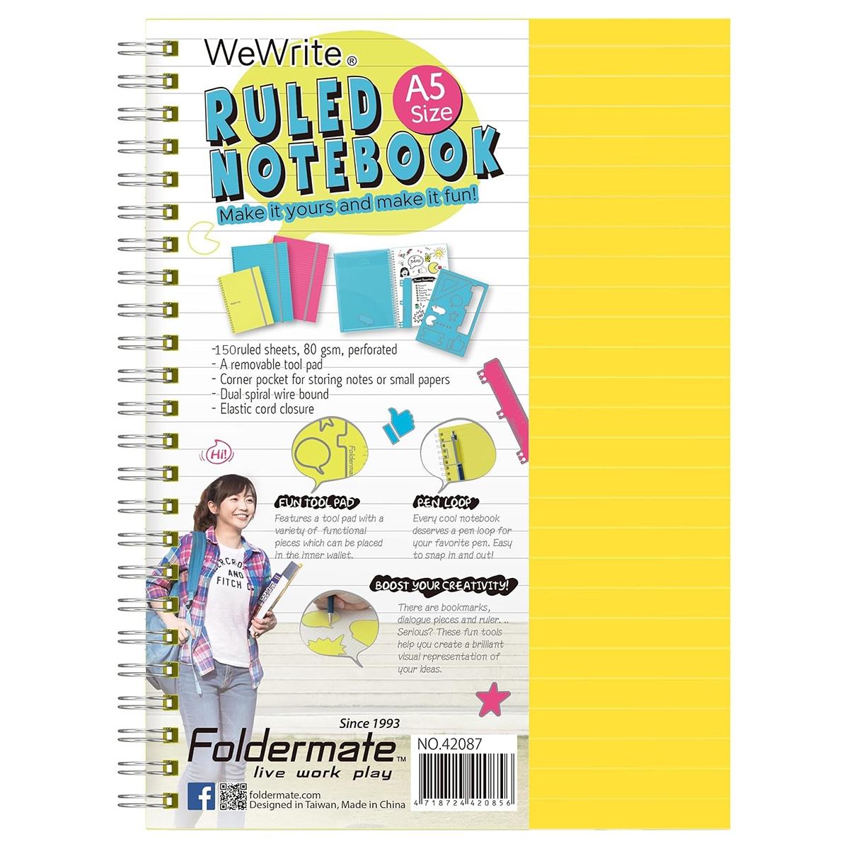 فوردورمايت دفتر بسلك حلزوني بحجم A5، 150 ورقة، وزن 80 غرام، تصميم وي رايت، لون باستيل، لخمس مواد، ألوان متنوعة، مجموعة من 10