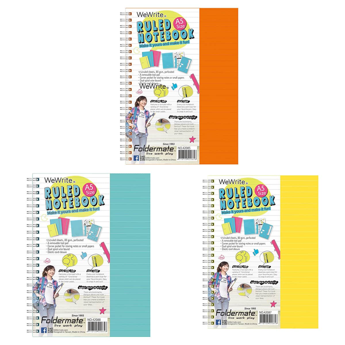 Foldermate A5 80GSM 150 Sheet WeWrite Pastel Colour 5 Subject Assorted Spiral Notebook, Pack of 10