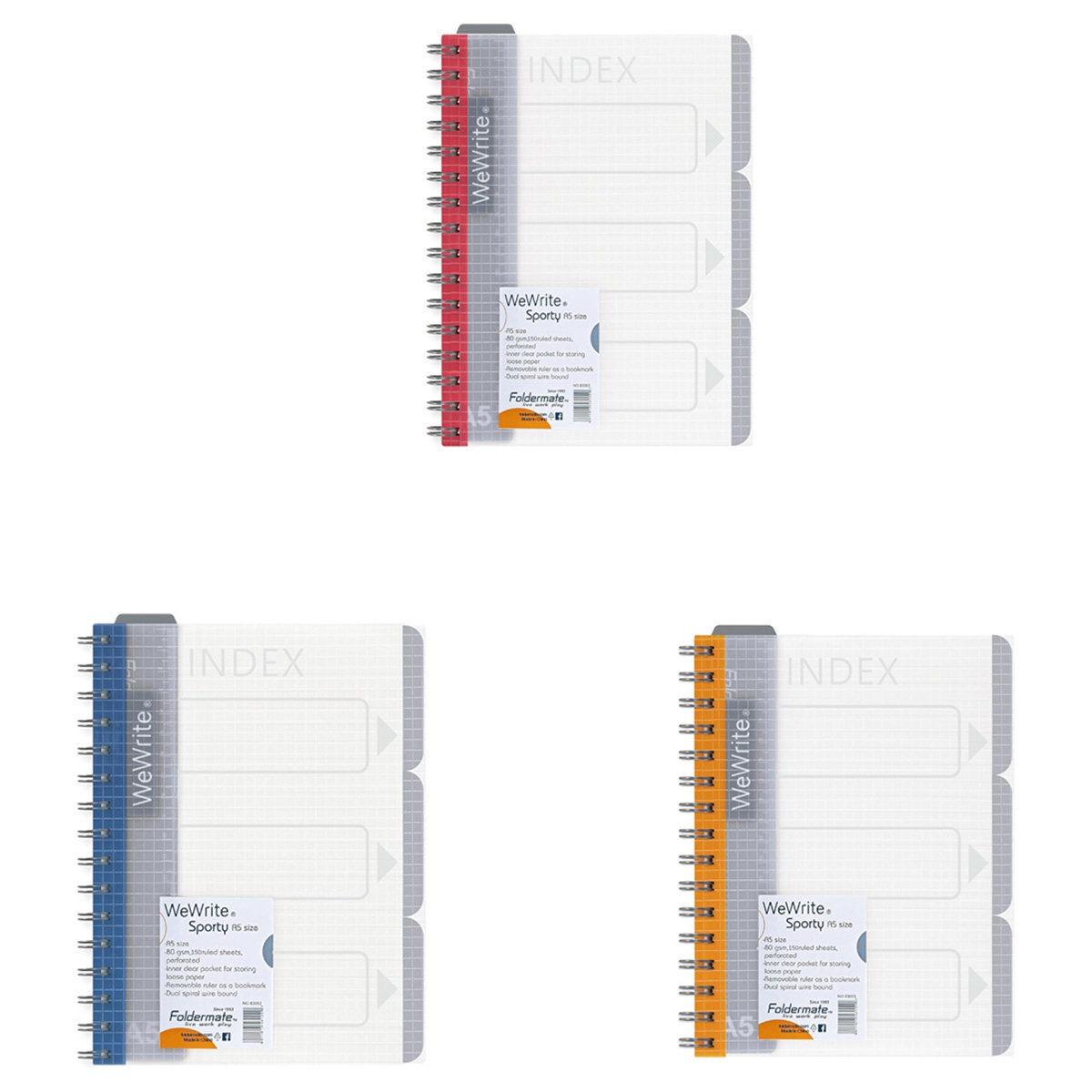 Foldermate A5 80GSM 150 Sheet WeWrite Sporty Regular Colour 5 Subject Assorted Spiral Notebook, Pack of 10