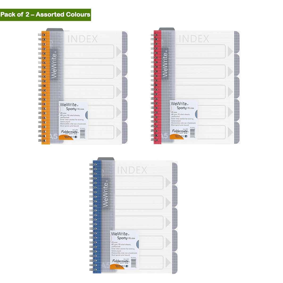 Foldermate A5 80GSM 150 Sheet WeWrite Sporty Regular Colour 5 Subject Assorted Spiral Notebook, Pack of 2