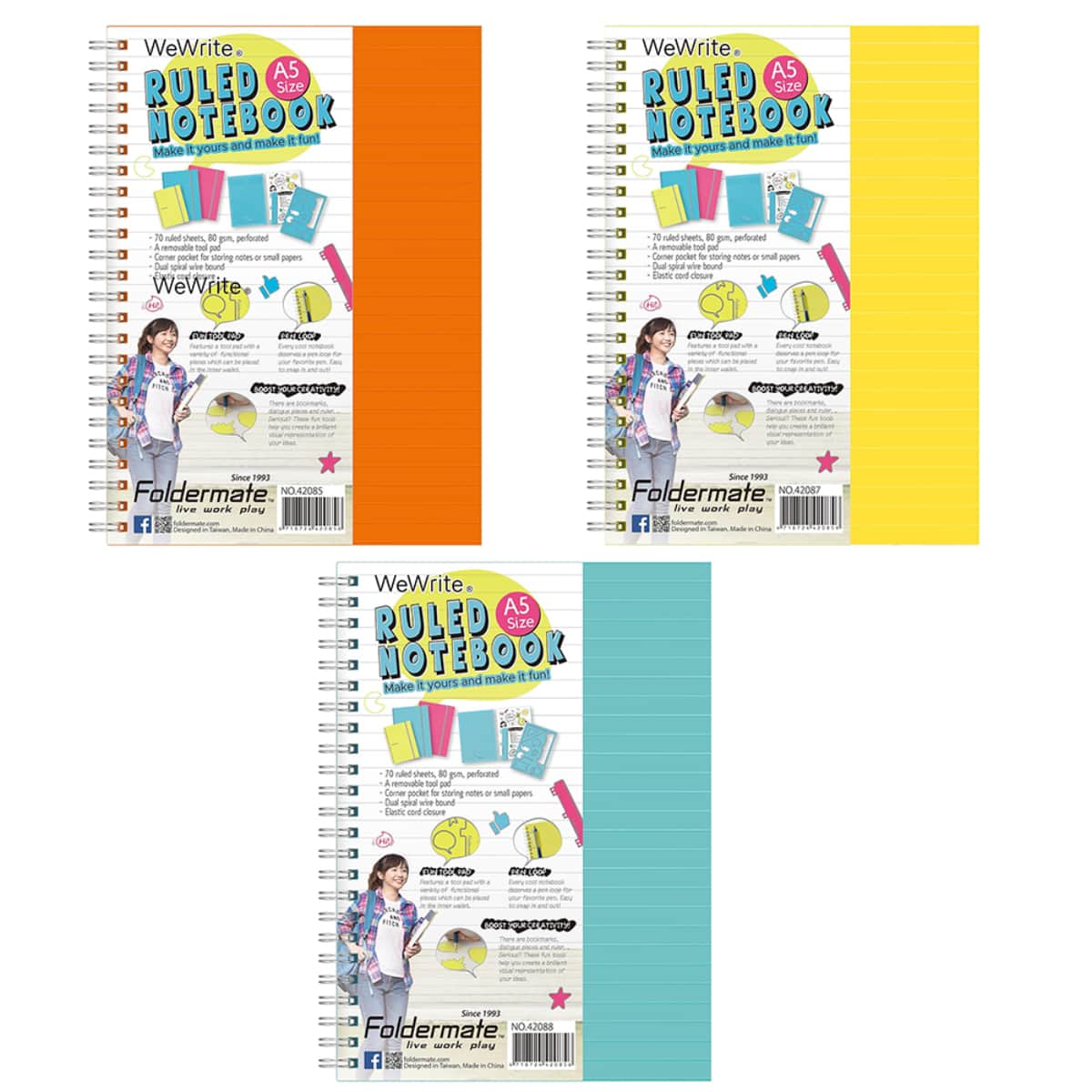Foldermate A5 80GSM 70 Sheet WeWrite Pastel Colour 1 Subject Assorted Spiral Notebook, Pack of 12