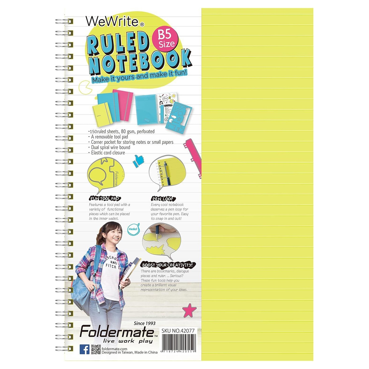 فوردورمايت دفتر بسلك حلزوني بحجم B5، 150 ورقة، وزن 80 غرام، تصميم وي رايت، لون باستيل، لخمس مواد، ألوان متنوعة، مجموعة من 10