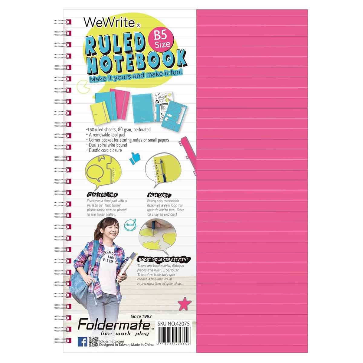 Foldermate B5 80GSM 150 Sheet WeWrite Pastel Colour 5 Subject Assorted Spiral Notebook