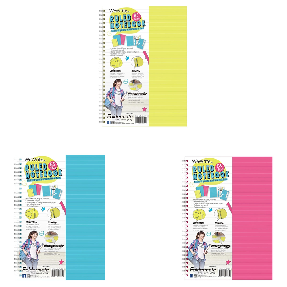 Foldermate B5 80GSM 150 Sheet WeWrite Pastel Colour 5 Subject Assorted Spiral Notebook, Pack of 10