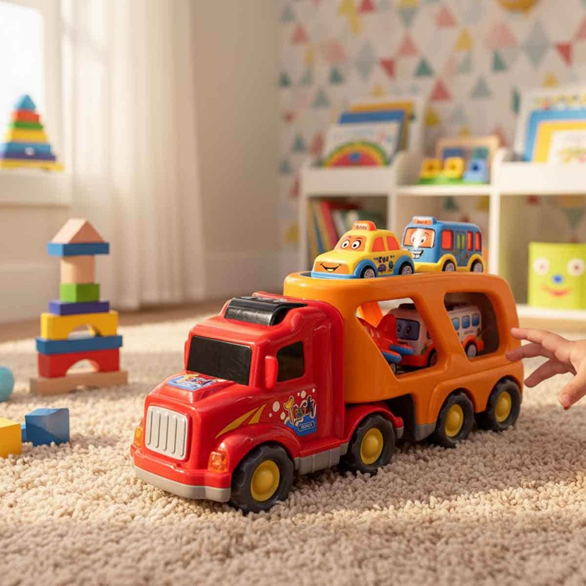 Xin Peng Yu Light & Sound Friction Transport Truck & 4 Pull-Back Vehicle Playset Unisex, 3-4 Years