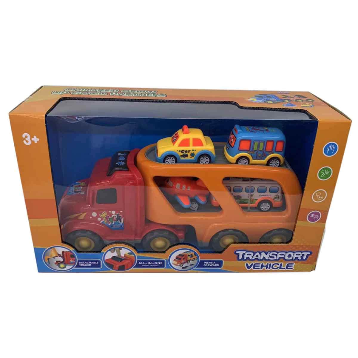 Xin Peng Yu Light & Sound Friction Transport Truck & 4 Pull-Back Vehicle Playset Unisex, 3-4 Years