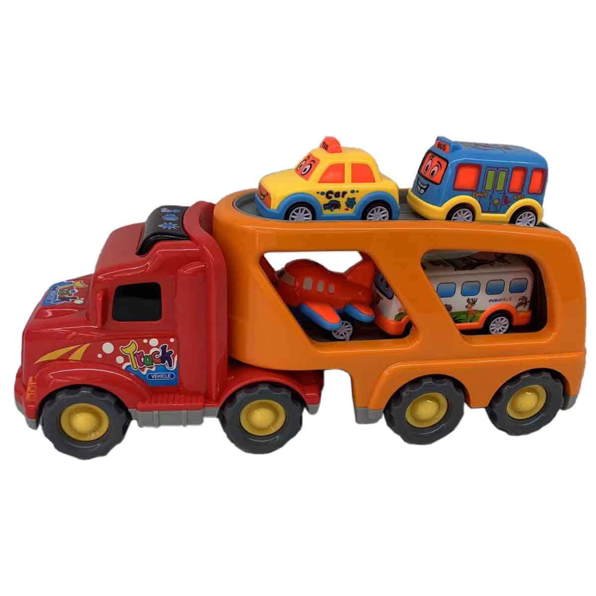 Xin Peng Yu Light & Sound Friction Transport Truck & 4 Pull-Back Vehicle Playset Unisex, 3-4 Years