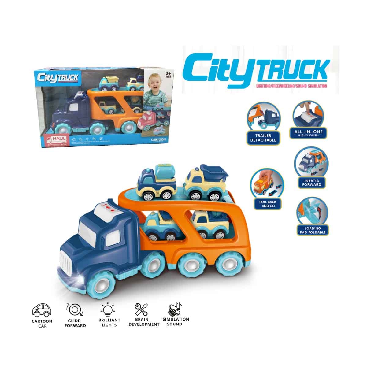 Xin Peng Yu PC66-03 Light & Sound Friction City Truck & 4 Pull-Back Vehicle Playset Unisex, 3-4 Years