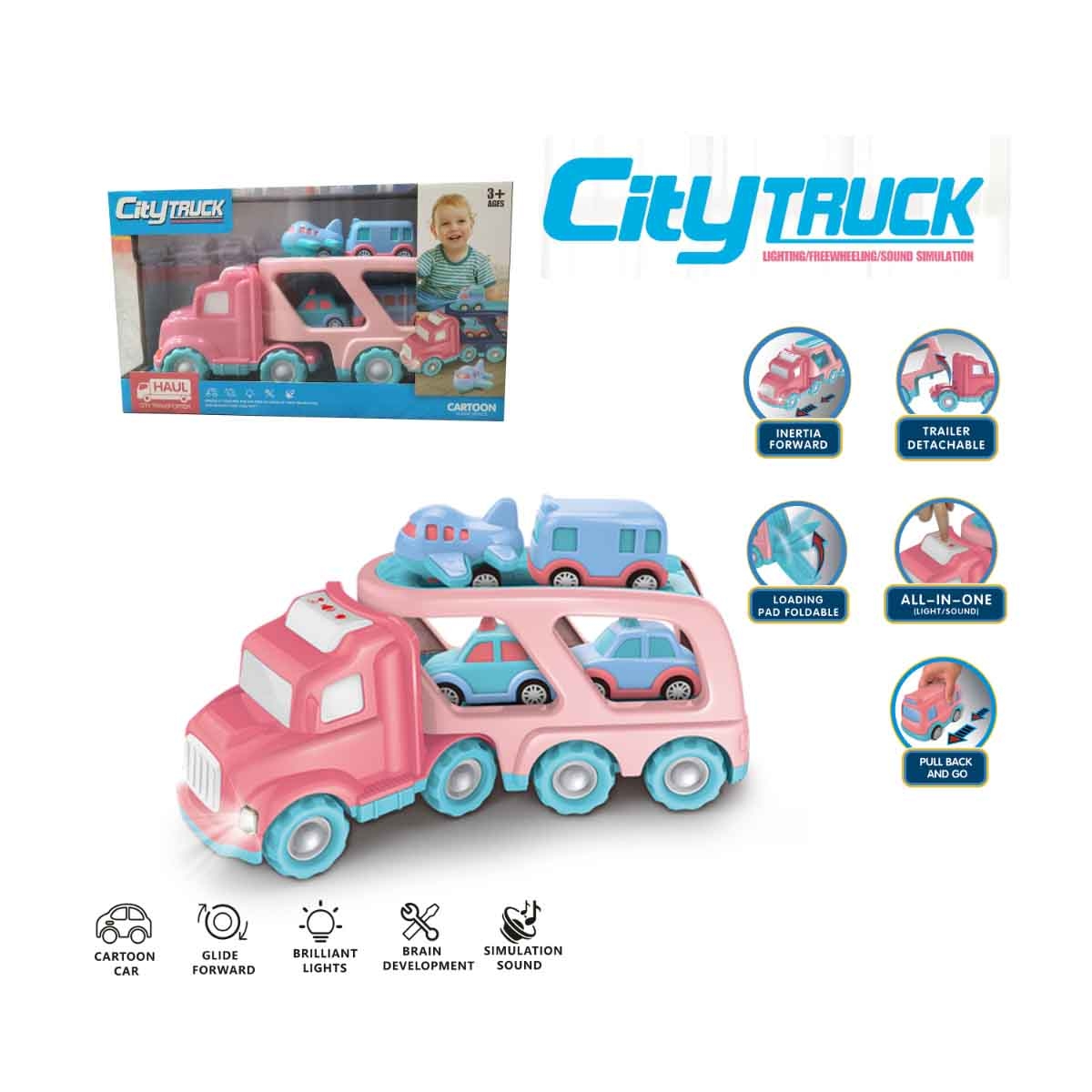 Xin Peng Yu PC66-05 Light & Sound Friction City Truck & 4 Pull-Back Vehicle Playset Unisex, 3-4 Years