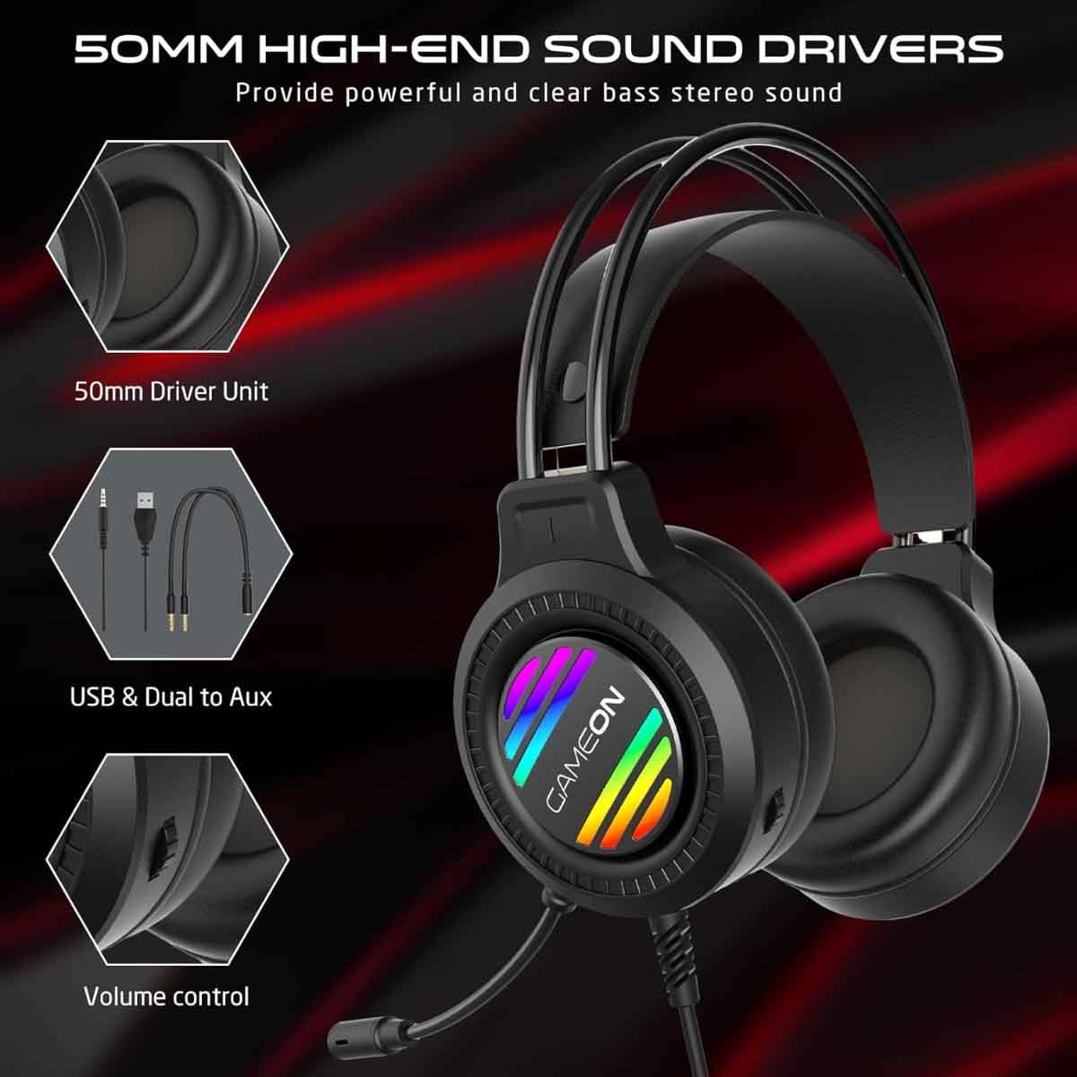 جيم أون سماعة ألعاب سلكية بإضاءة RGB موديل GOT100 Ravenstrike باللون الأسود