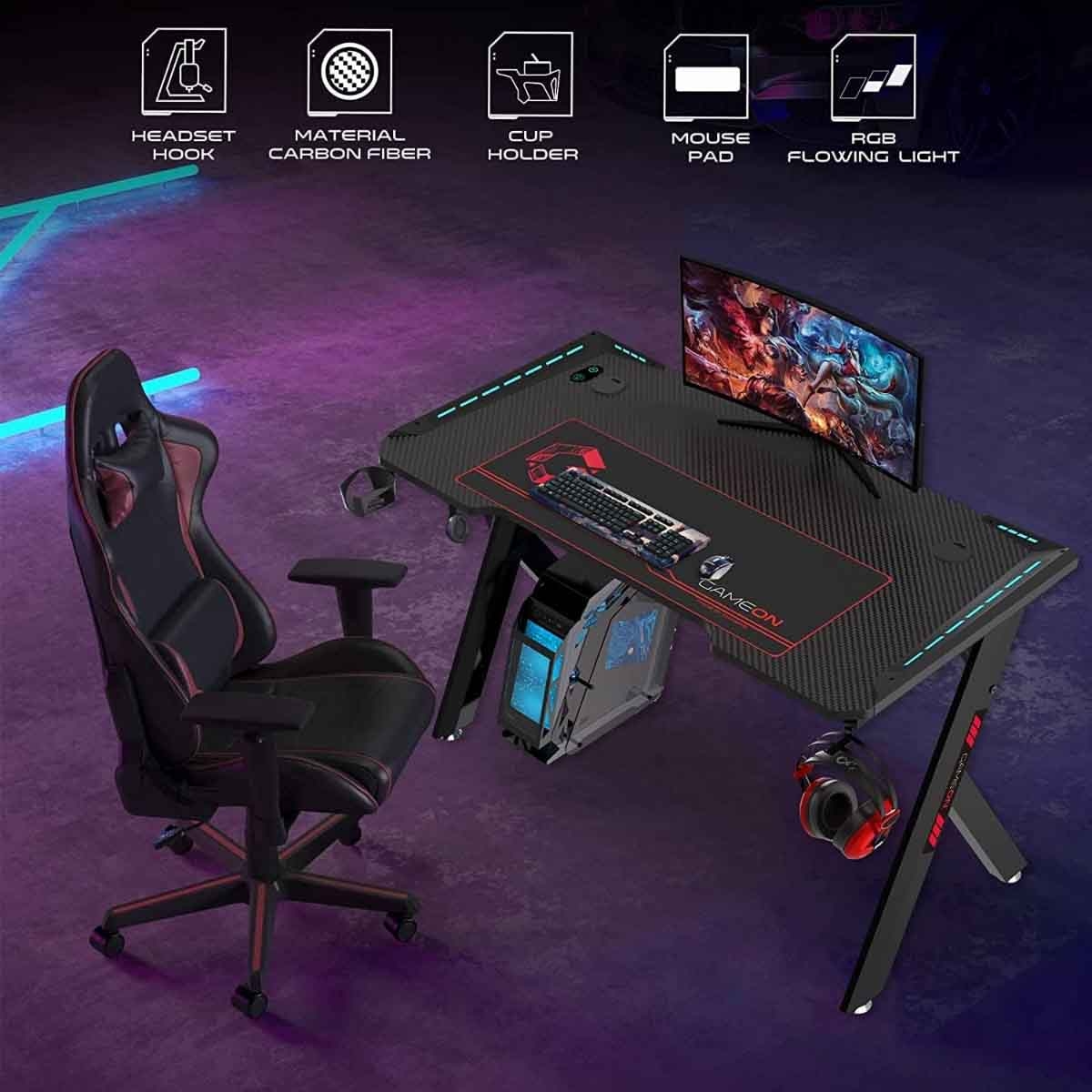 Game On Black Hawksbill Series RGB Flowing Light Gaming Desk
