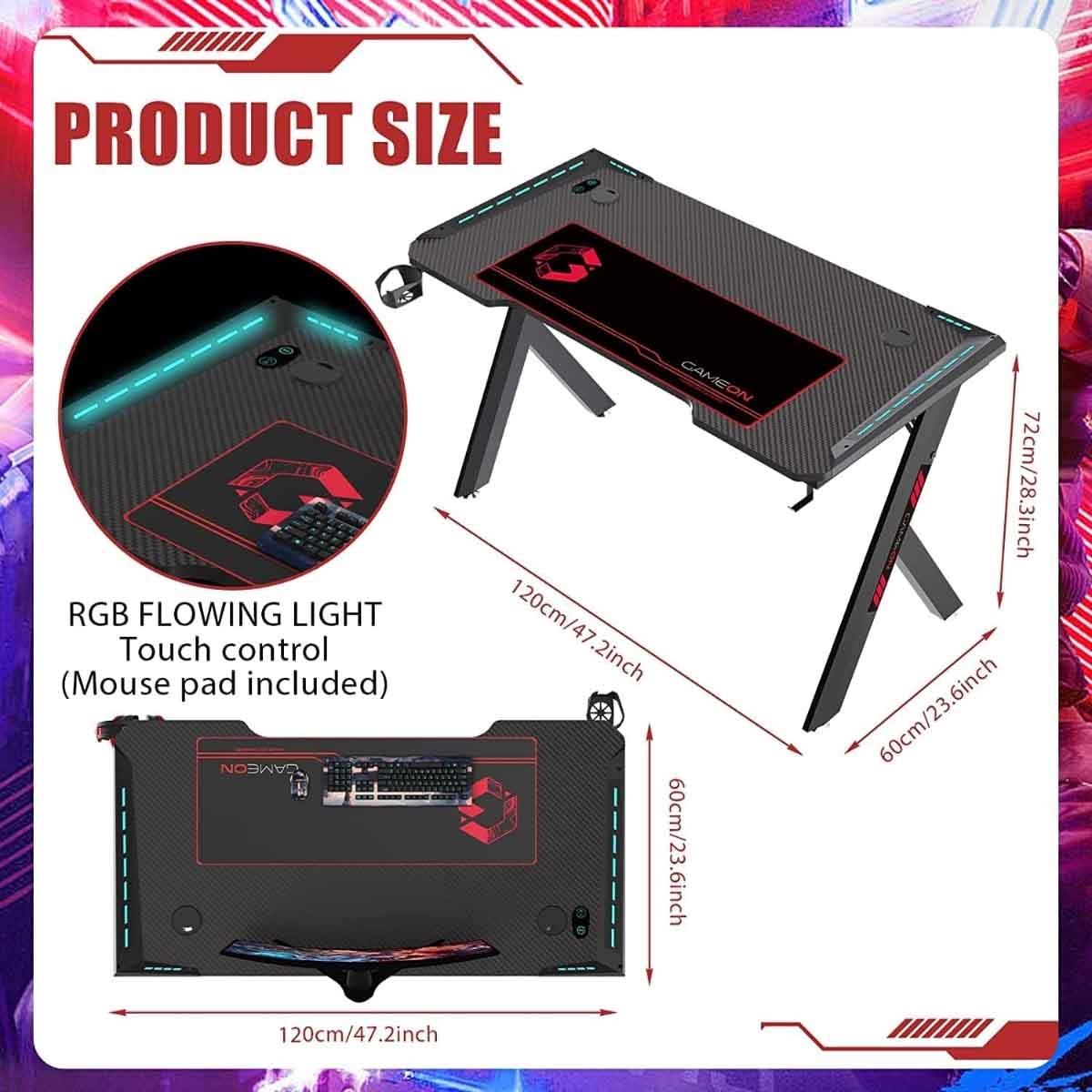 Game On Black Hawksbill Series RGB Flowing Light Gaming Desk