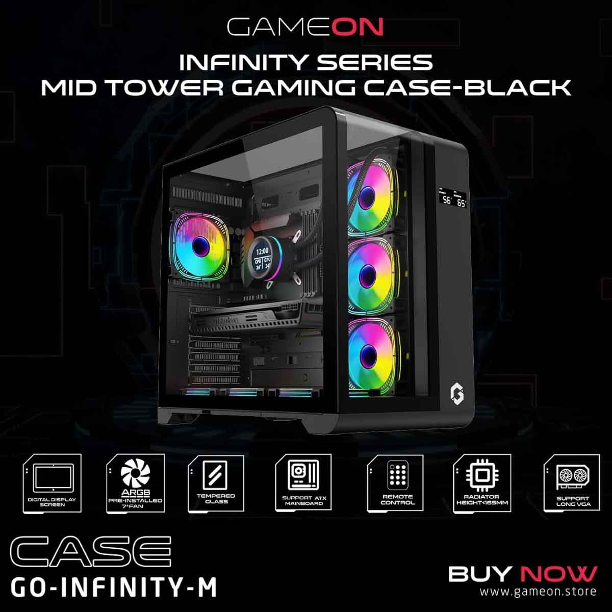 Game On Black Infinity Series ARGB ATX Mid Tower Gaming PC Case