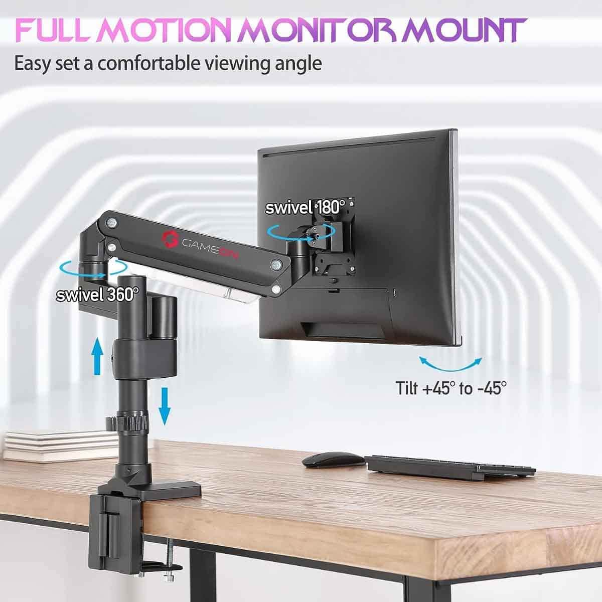 Game On Black Pole-Mounted Aluminum Heavy-Duty Gas Spring Single Monitor Arm Stand