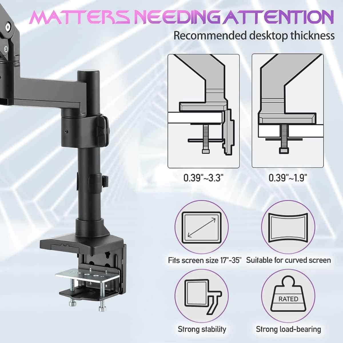 Game On Black Pole-Mounted Aluminum Heavy-Duty Gas Spring Single Monitor Arm Stand