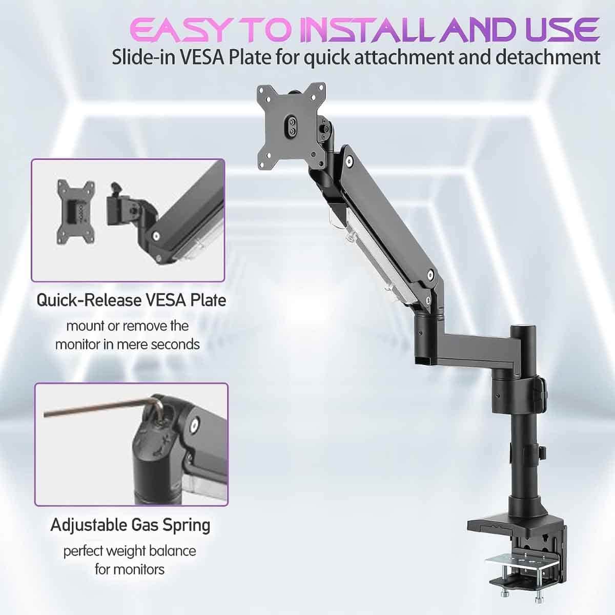Game On Black Pole-Mounted Aluminum Heavy-Duty Gas Spring Single Monitor Arm Stand