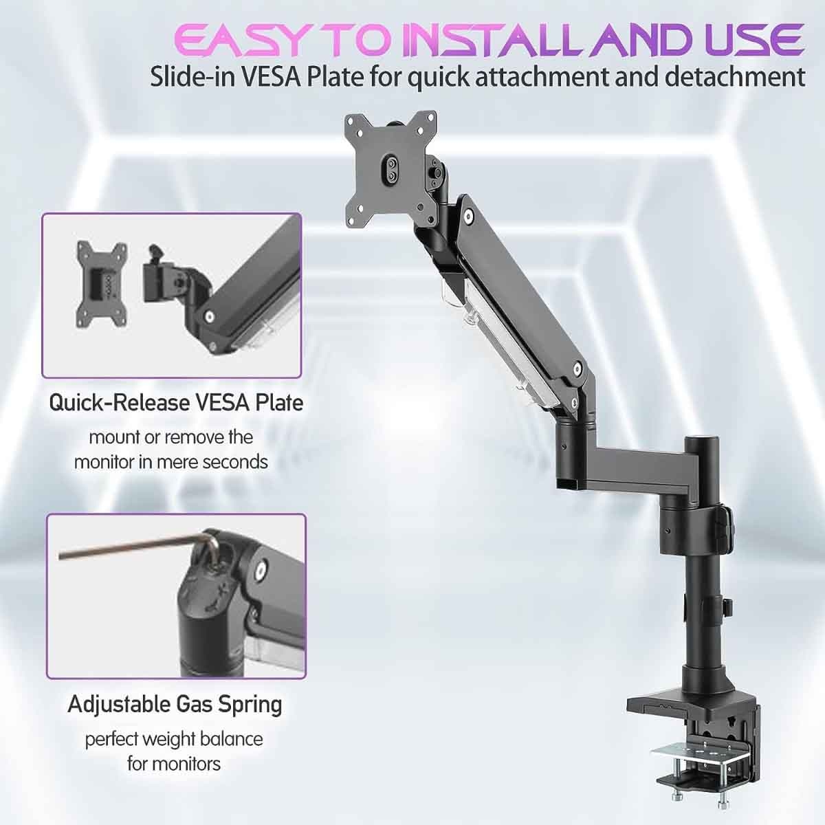 Game On Black Pole-Mounted Aluminum Heavy-Duty Gas Spring Single Monitor Arm Stand