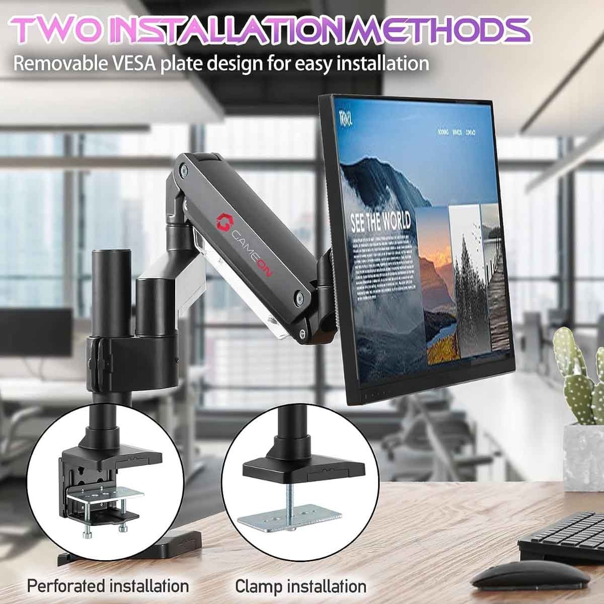 Game On Black Pole-Mounted Aluminum Heavy-Duty Gas Spring Single Monitor Arm Stand