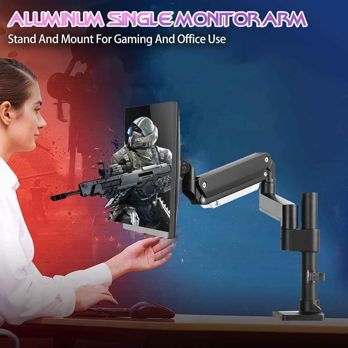 Game On Black Pole-Mounted Aluminum Heavy-Duty Gas Spring Single Monitor Arm Stand