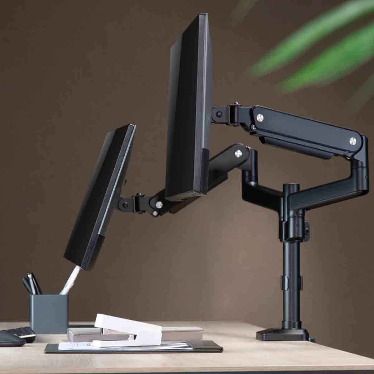 Game On Black Pole-Mounted Gas Spring Dual Monitor Arm Stand