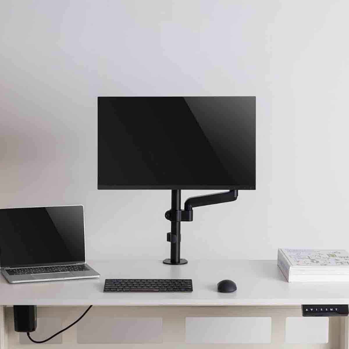 Game On Black Pole-Mounted Gas Spring Single Monitor Arm Stand