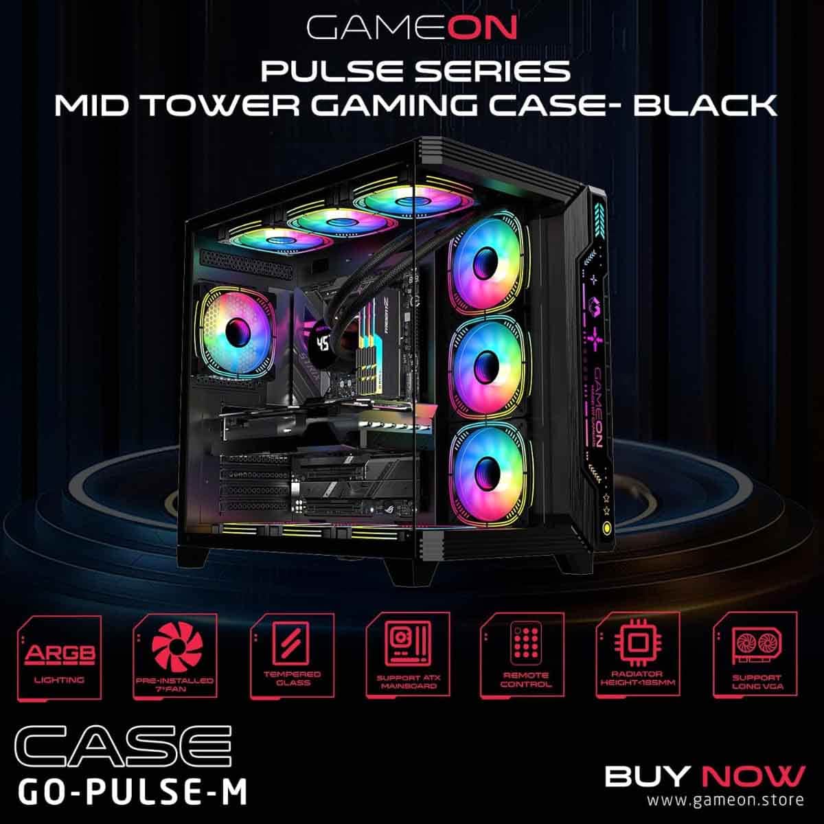 Game On Black Pulse Series ARGB ATX Mid Tower Gaming PC Case