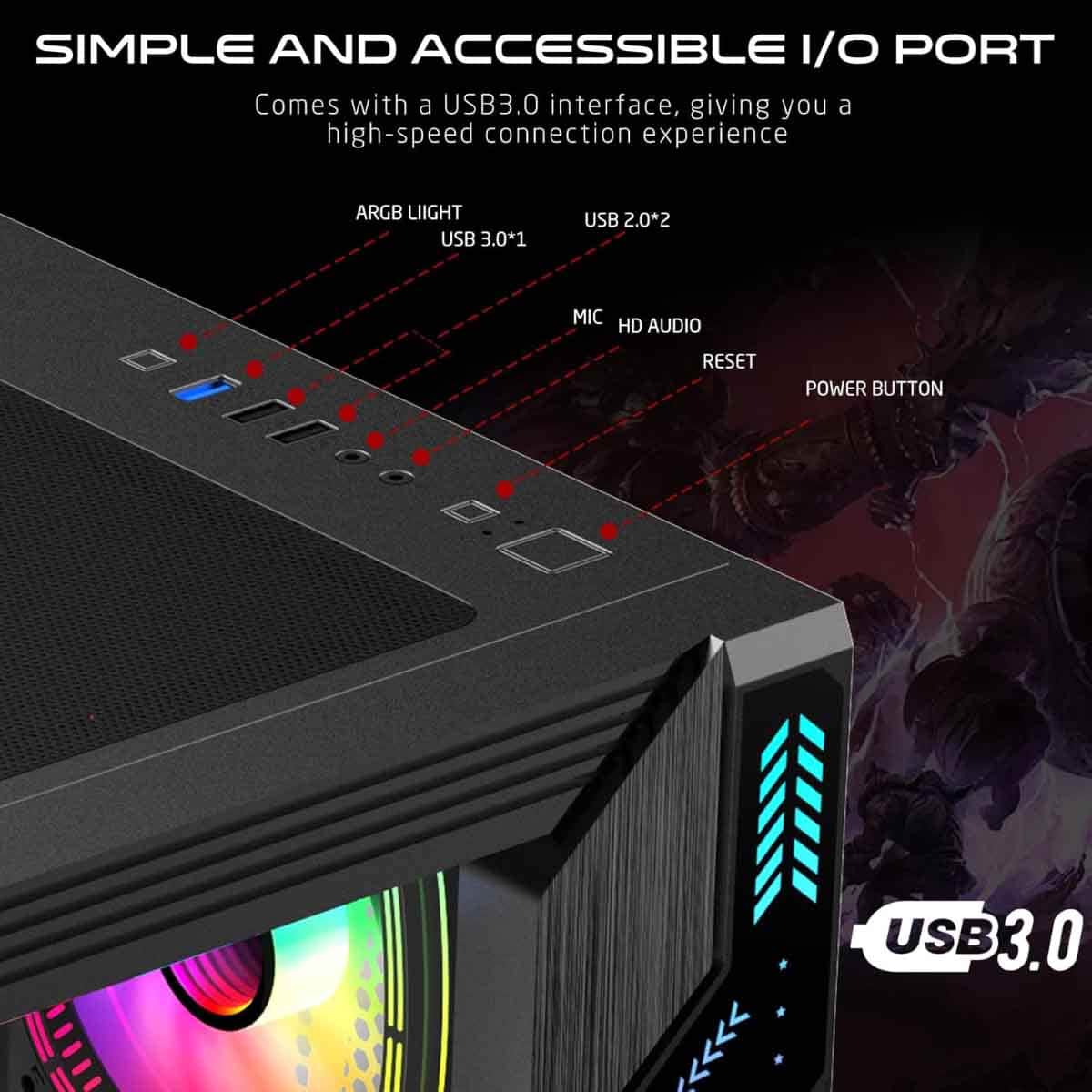 Game On Black Pulse Series ARGB ATX Mid Tower Gaming PC Case