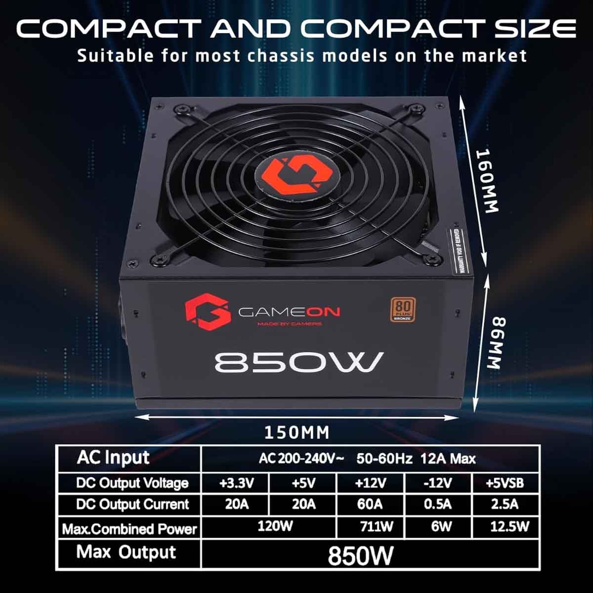 Game On Black SPY2 850 Watts 80 Plus Bronze Gaming Power Supply