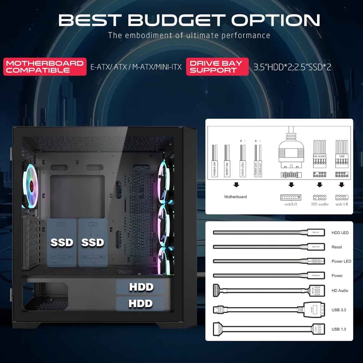 جيم أون كيس كمبيوتر ألعاب Mid Tower من سلسلة Vortex Midnight باللون الأسود