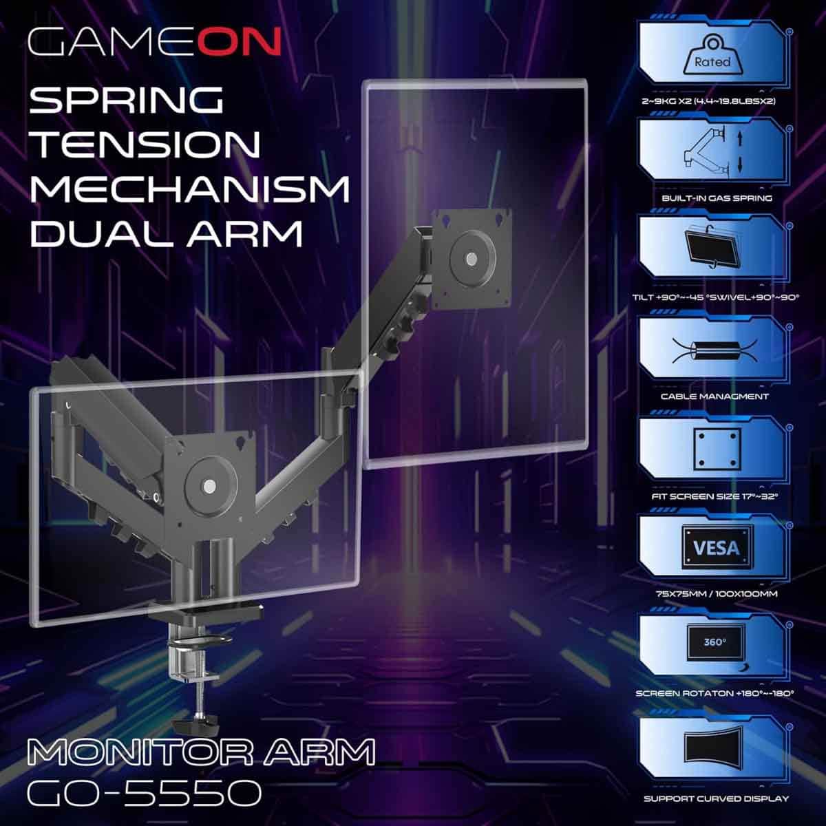 Game On GO-5550 Gas Mechanical Spring Double Monitor Arm Stand