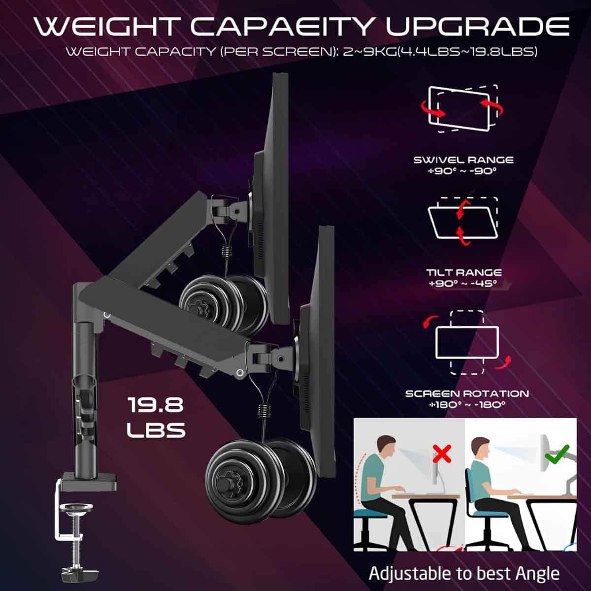 Game On GO-5550 Gas Mechanical Spring Double Monitor Arm Stand