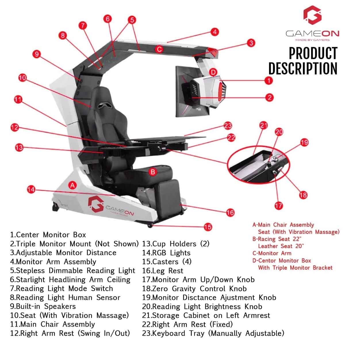 Game On IW-R1-PRO Zero Gravity Reclining Computer Workstation Gaming Simulator Chair