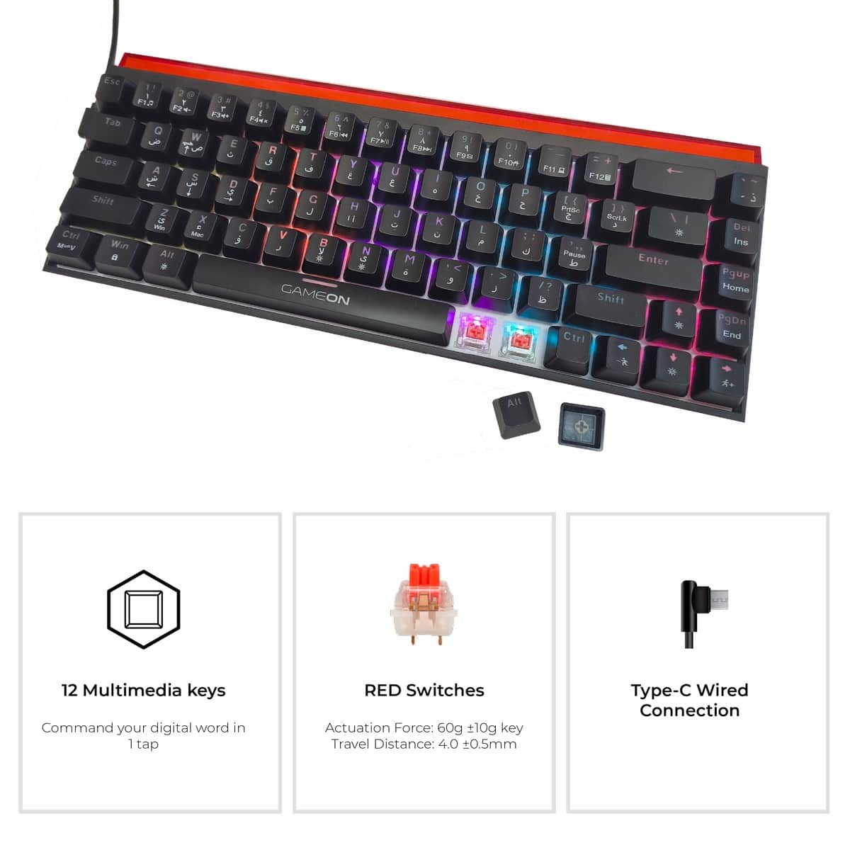Game On Primex Series 60% Red Switch RGB English/Arabic Wired Mechanical Gaming Keyboard