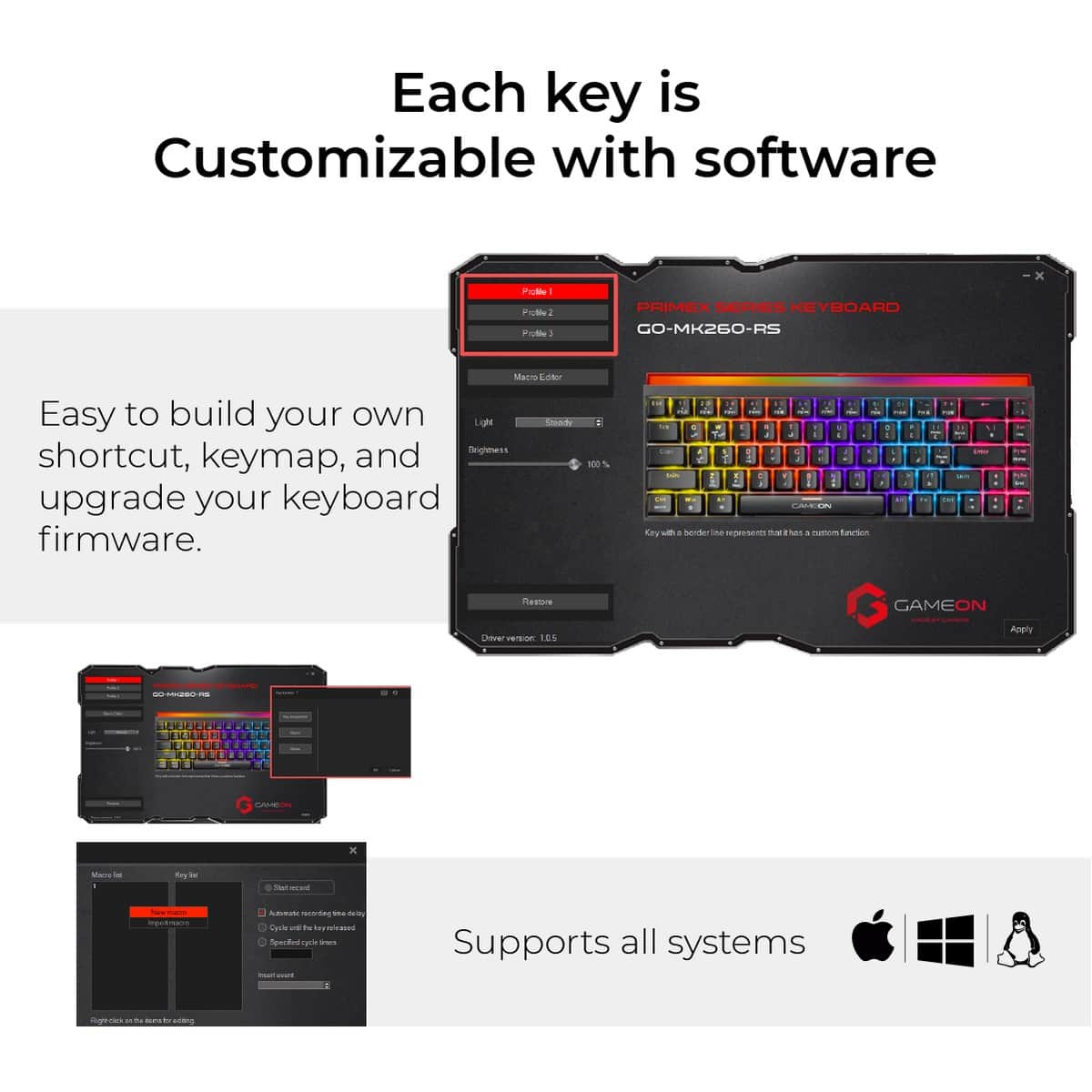 Game On Primex Series 60% Red Switch RGB English/Arabic Wired Mechanical Gaming Keyboard