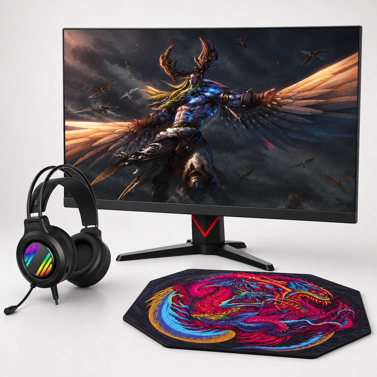 Game On Ravenstrike Gaming Headset & 24" GOE24FHD165 Gaming Monitor with Florpad Hyper Beast Mat Bundle