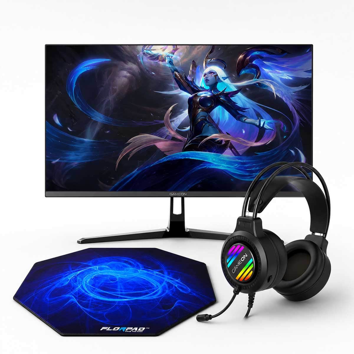Game On Ravenstrike Gaming Headset & 27" GOPS27180IPS Gaming Monitor with Florpad Arctic Mat Bundle