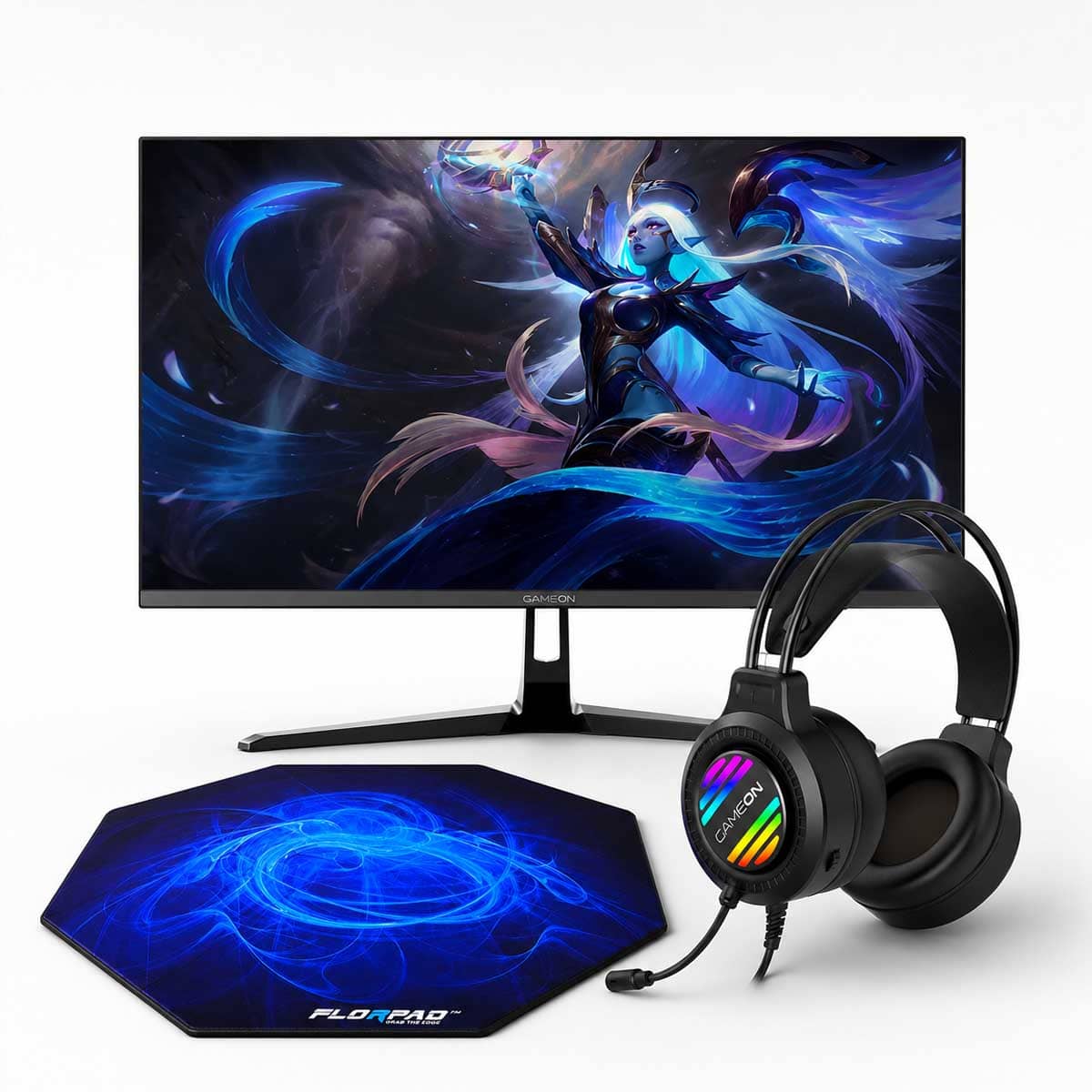Game On Ravenstrike Gaming Headset & 27" GOPS27180IPS Gaming Monitor with Florpad Arctic Mat Bundle
