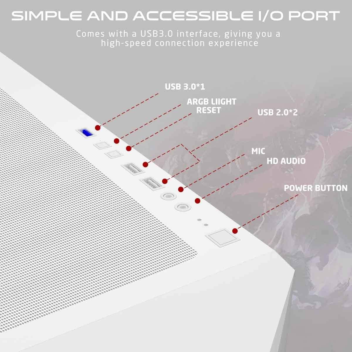 Game On White Emperor Arctic I Series Mid Tower Gaming PC Case