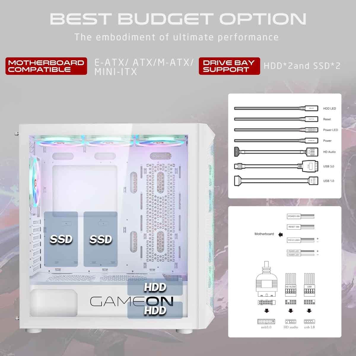 Game On White Emperor Arctic I Series Mid Tower Gaming PC Case