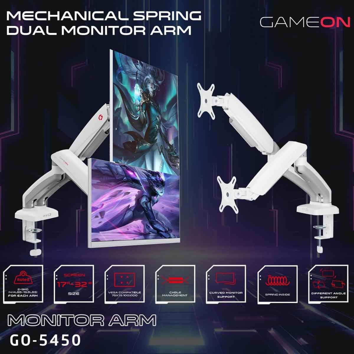 Game On White GO-5450 Dual Monitor Arm Stand