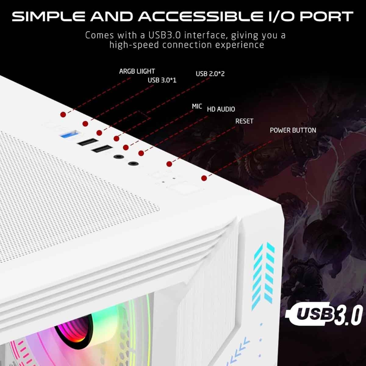 Game On White Pulse Artic Series ARGB Mid Tower Gaming PC Case
