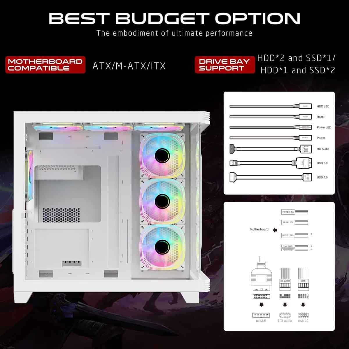 Game On White Pulse Artic Series ARGB Mid Tower Gaming PC Case
