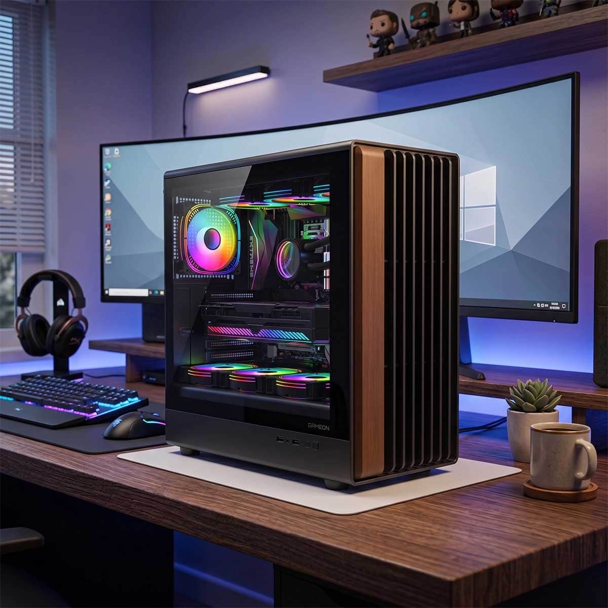 Game On Wood/Black Timber Midnight Series ARGB PWM Mid Tower Gaming PC Case